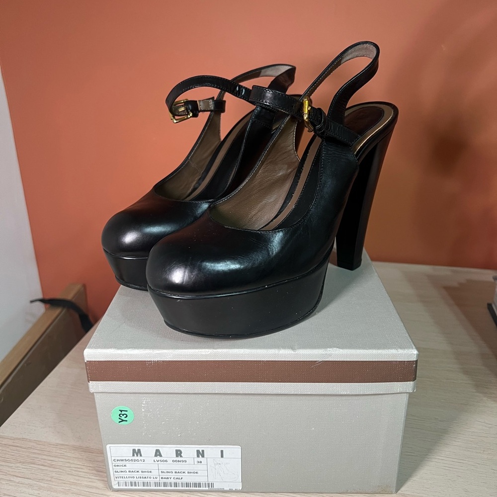 Marni Black Leather Platform Slingback Heels with Gold Buckle